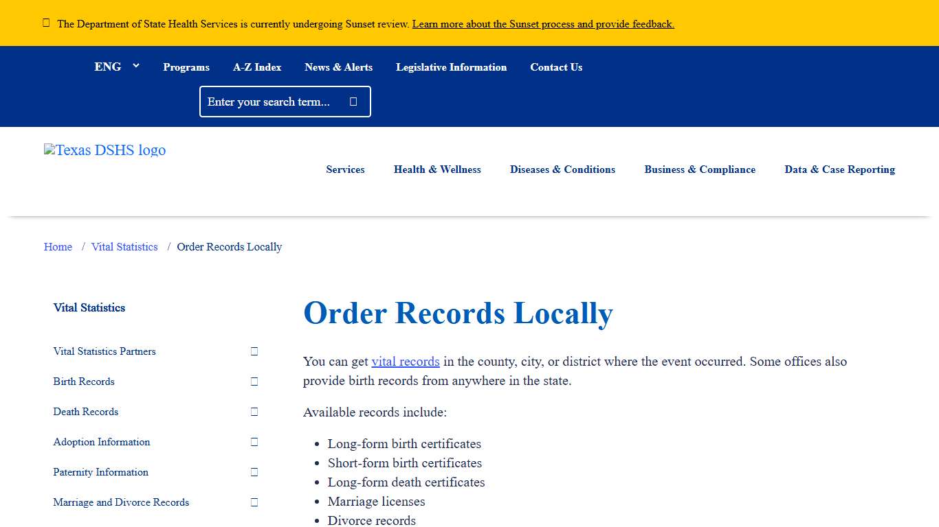 Order Records Locally Texas DSHS
